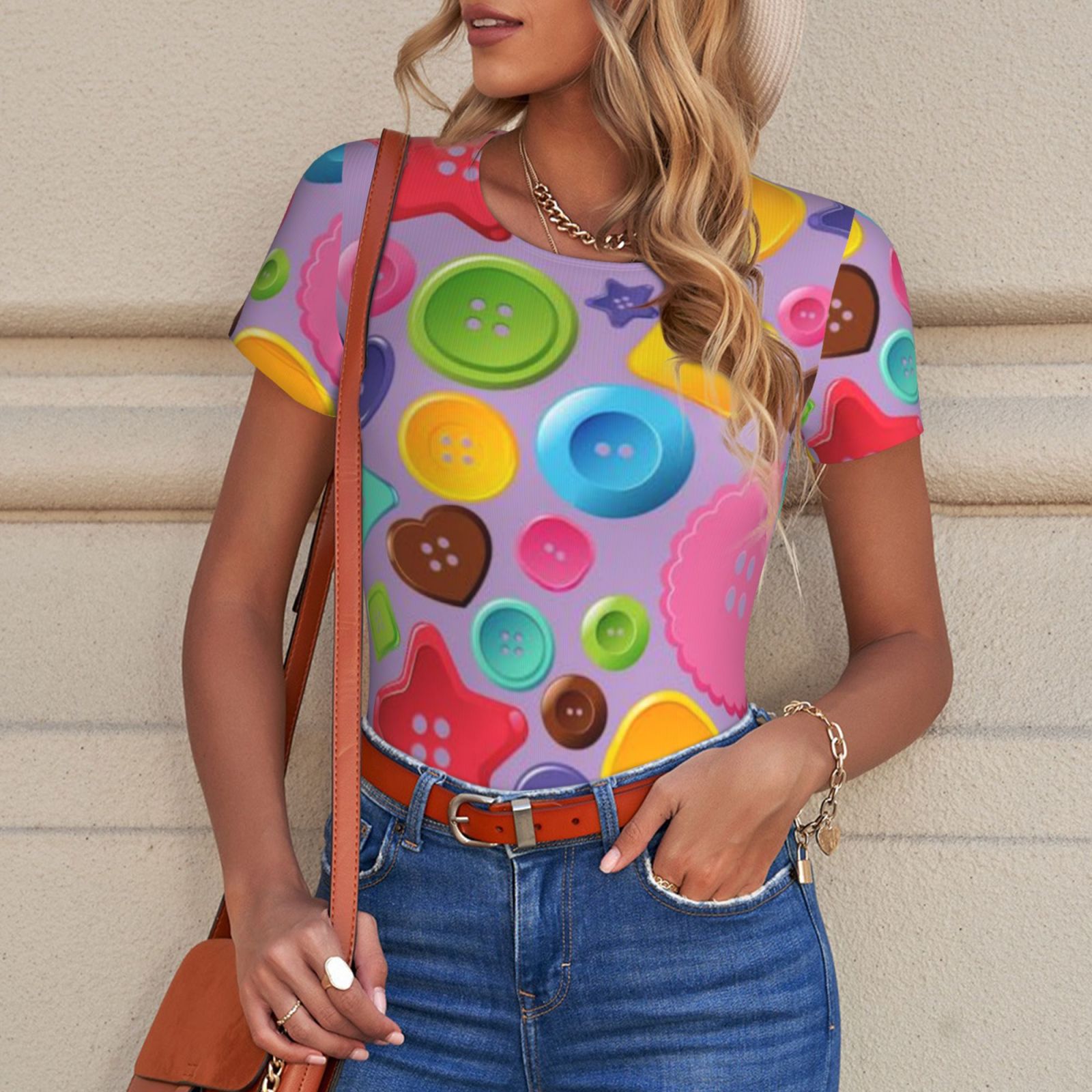 Women's short-sleeved round neck jumpsuit