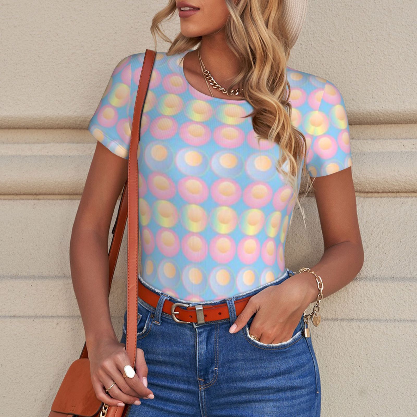 Women's short-sleeved round neck jumpsuit