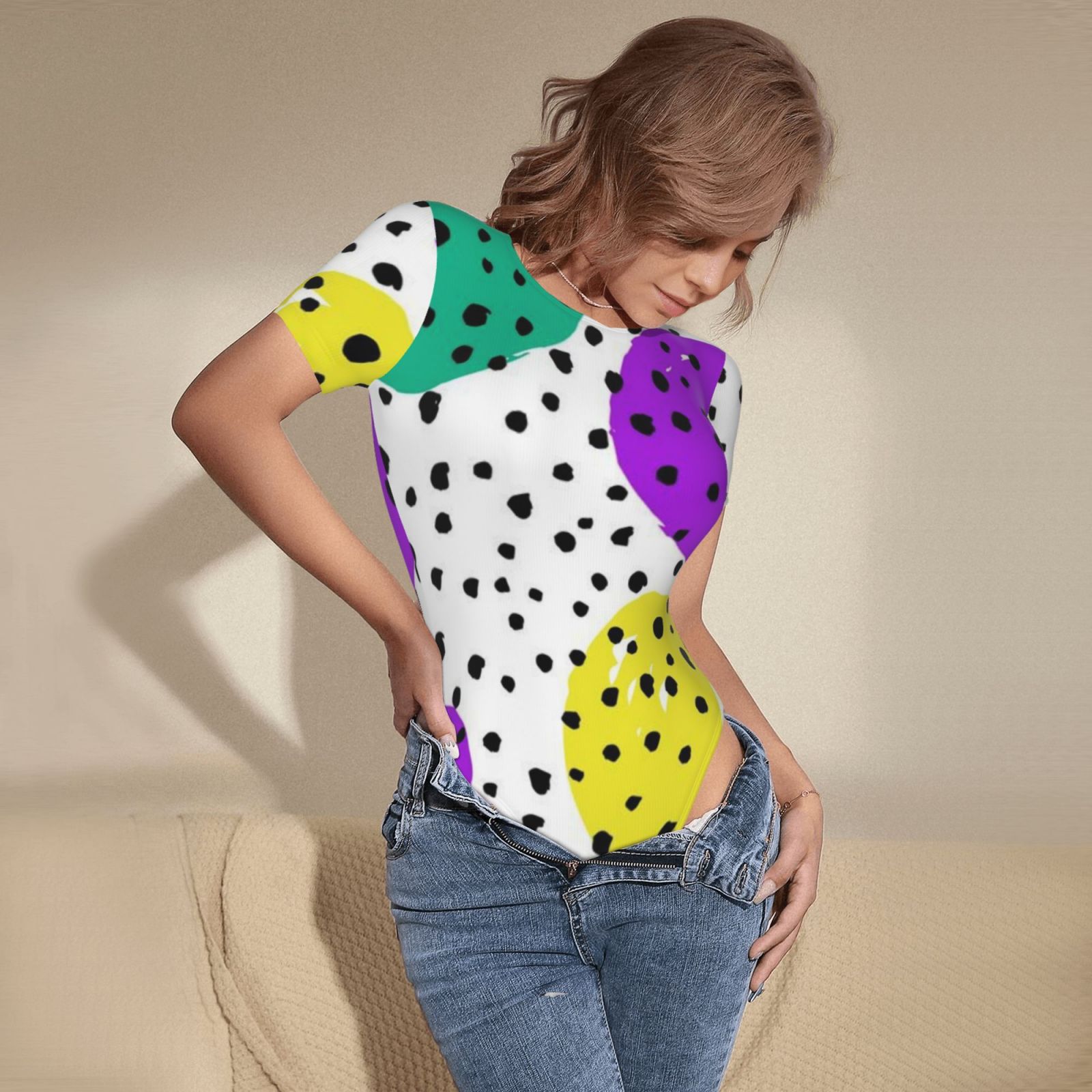 Women's short-sleeved round neck jumpsuit