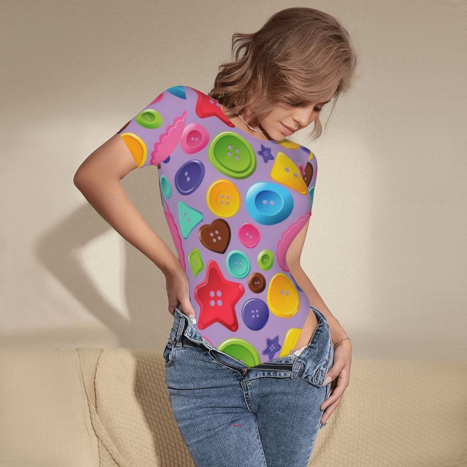 Women's short-sleeved round neck jumpsuit