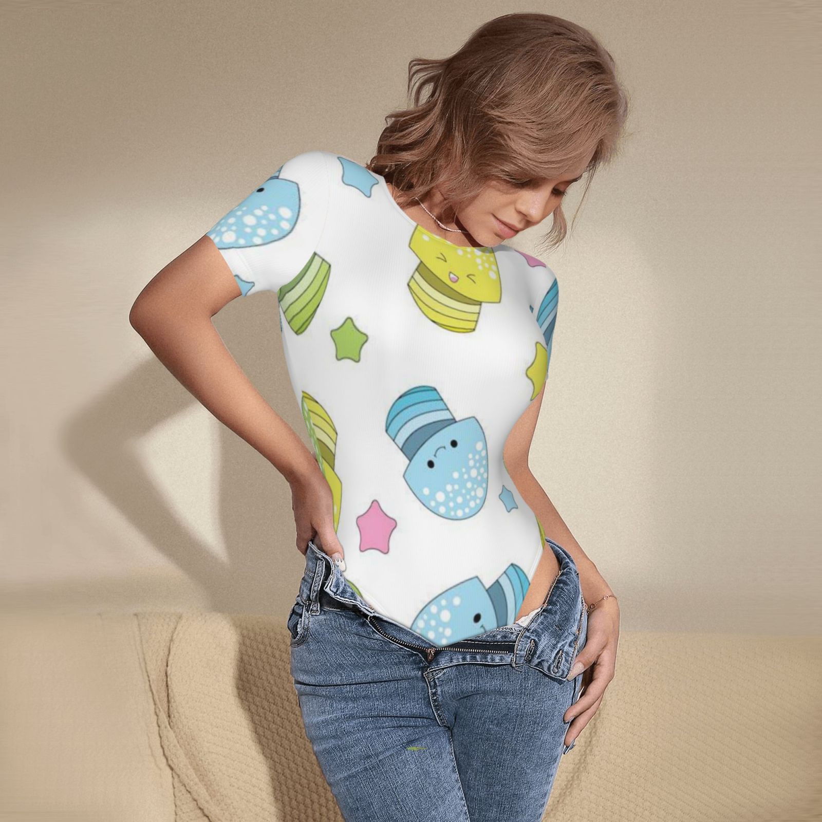 Women's short-sleeved round neck jumpsuit