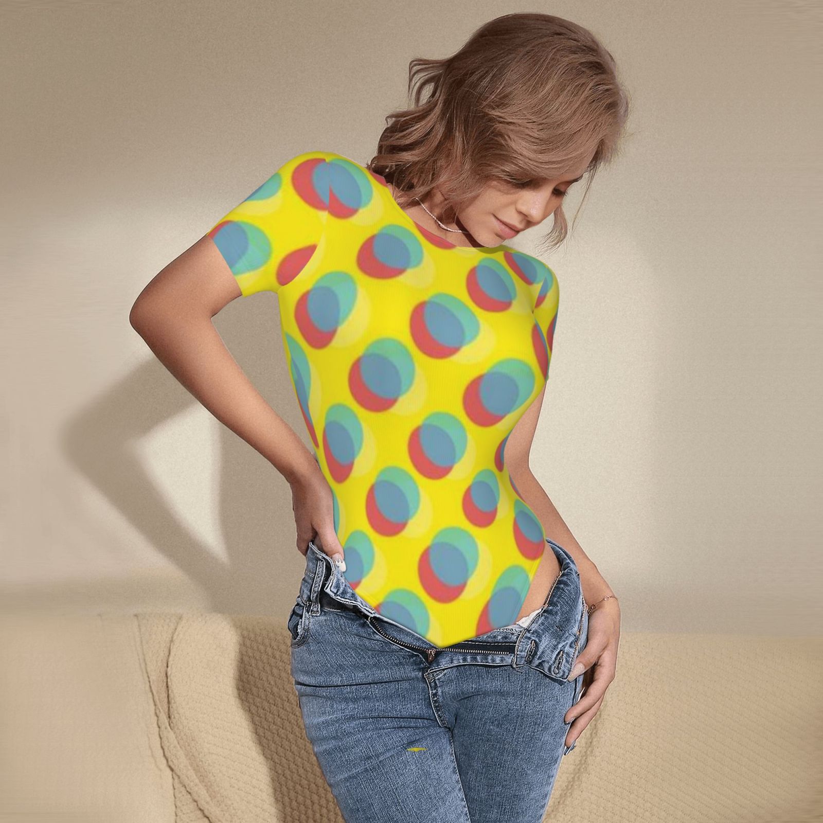 Women's short-sleeved round neck jumpsuit